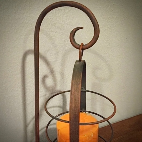 Vintage Aged Rustic Metal Candle Lantern Hook Stand 14” x 7” Real or Flameless - Picture 3 of 6